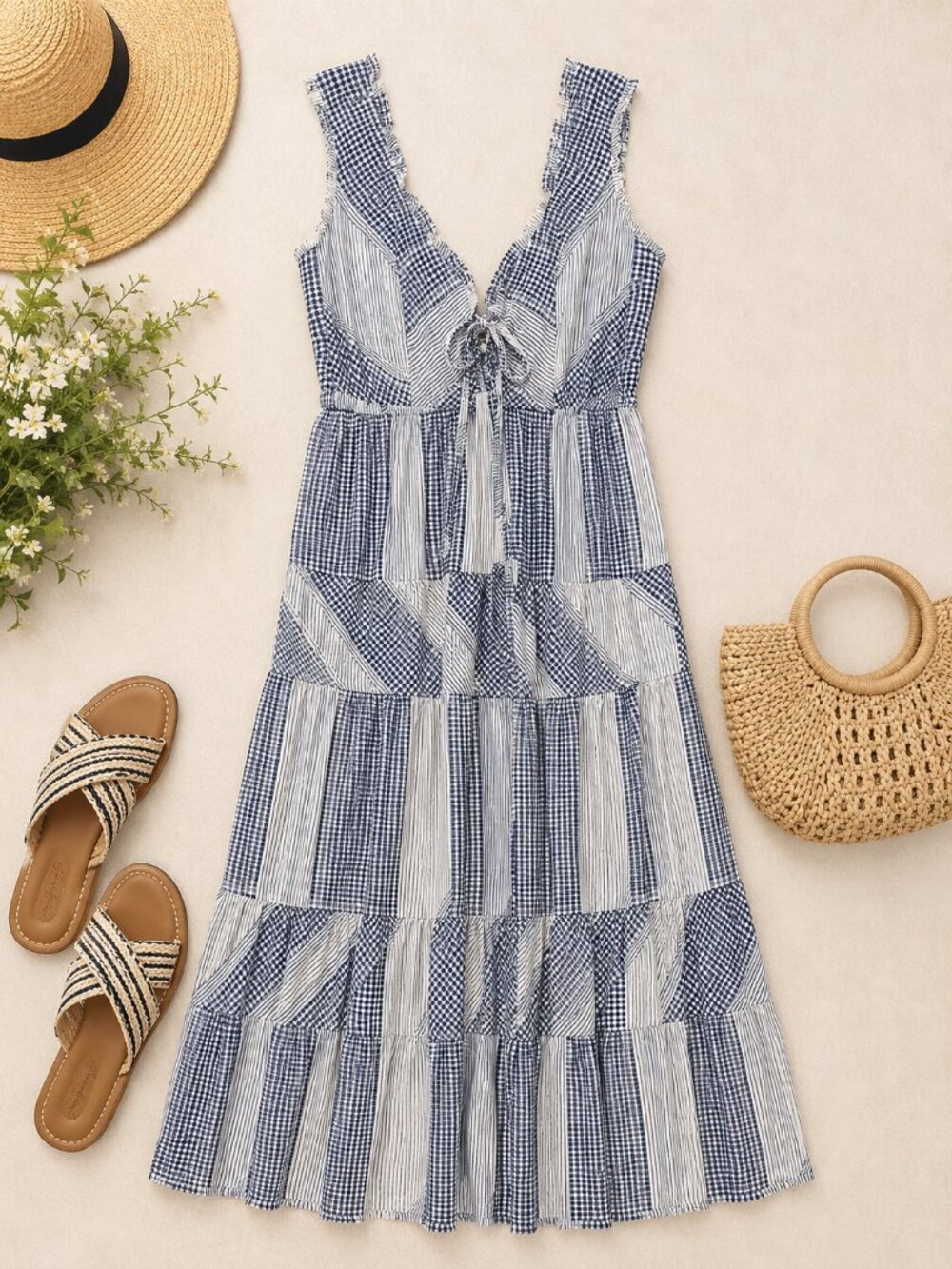 Betsey Johnson Blue White Patchwork Gingham Maxi Dress L Cottagecore